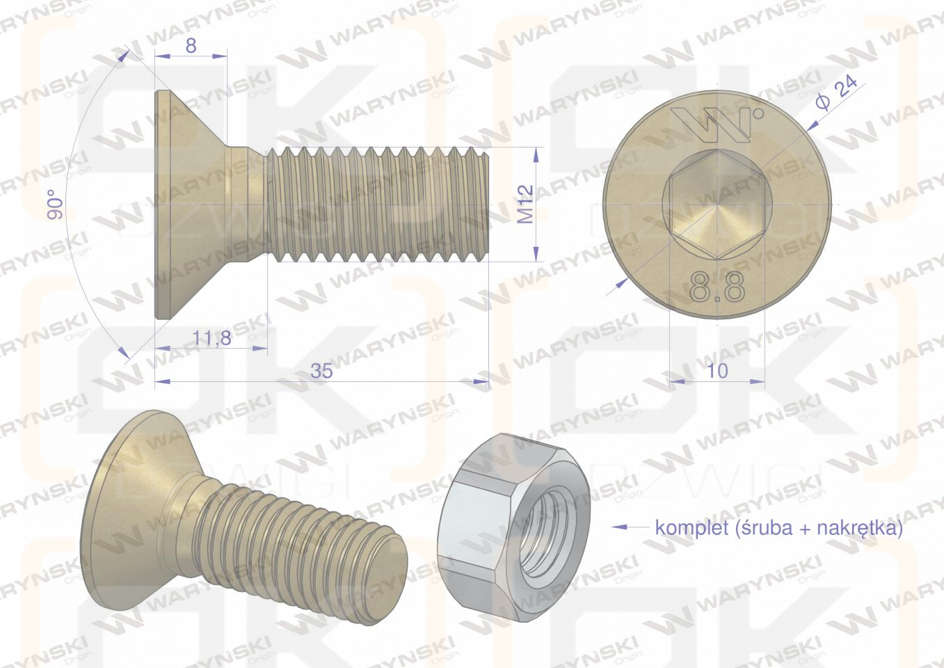Śruba kpl. M12x35 - imbus 10 DIN7991 ( sprzedawane po 25 ) Waryński