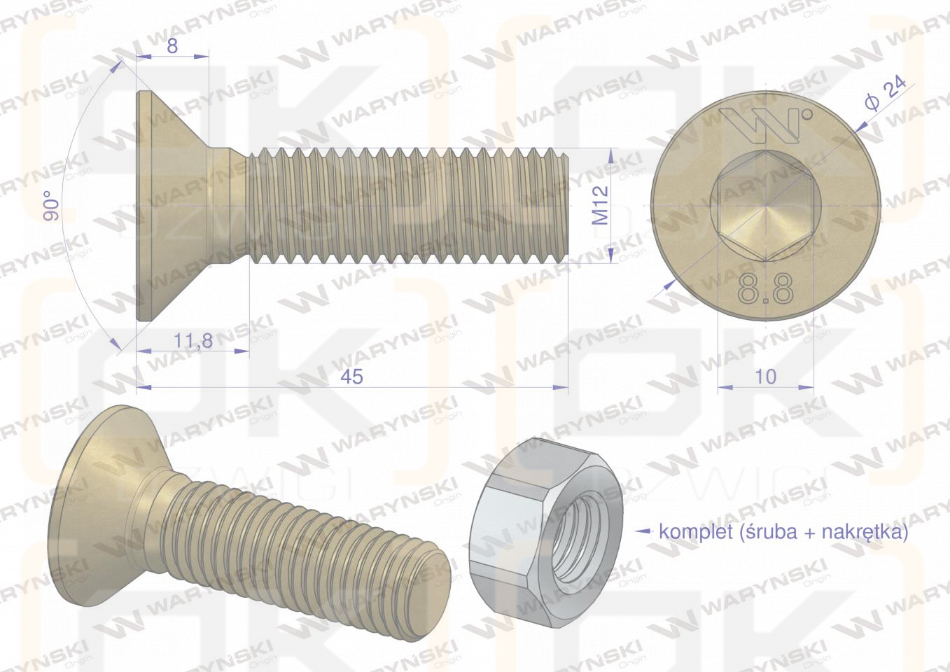 Śruba kpl. M12x45 - imbus 10 DIN7991 ( sprzedawane po 25 ) Waryński