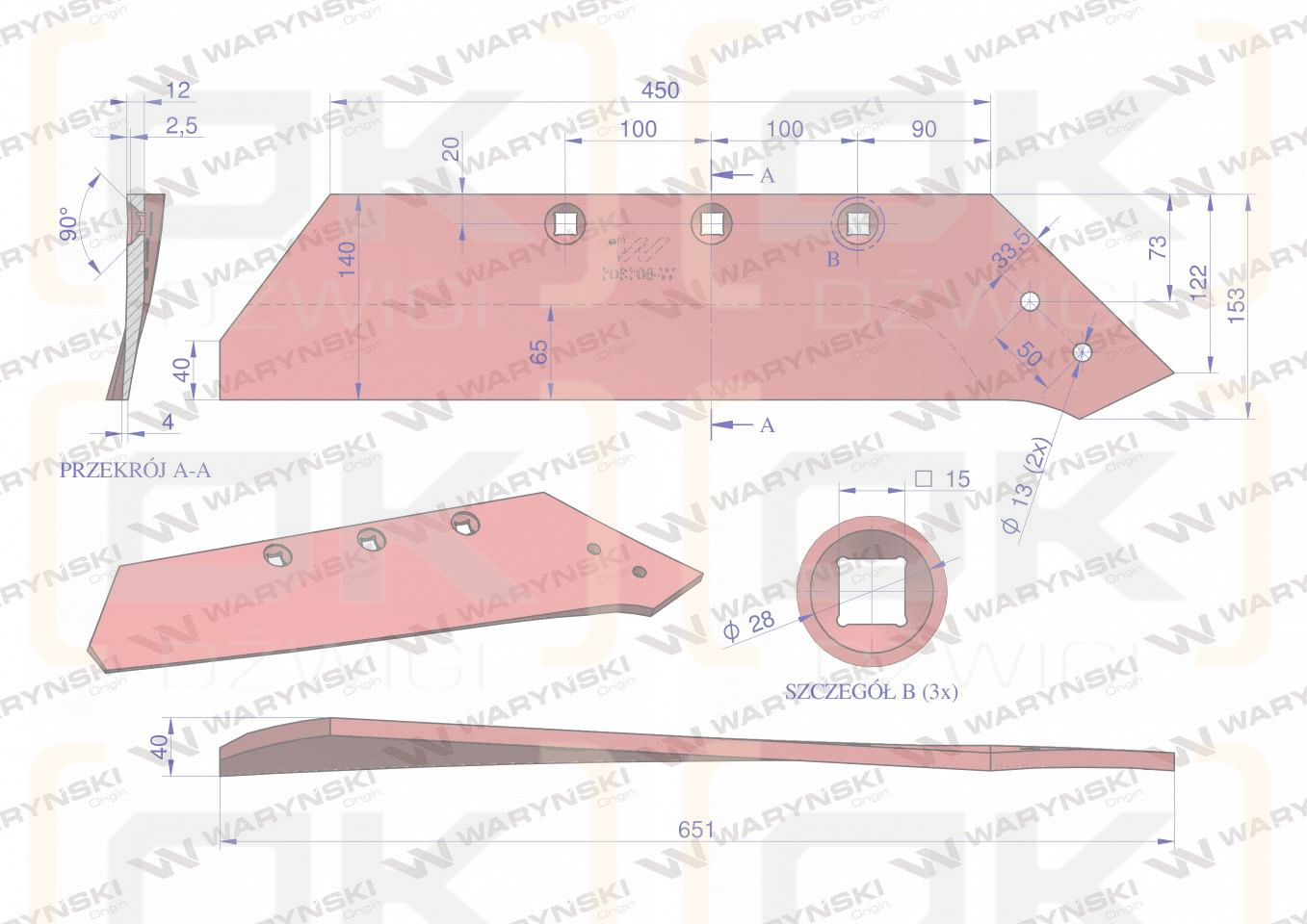 Hoja derecha de 18", aplicación Akpil WSM 43 acero al boro, Waryński