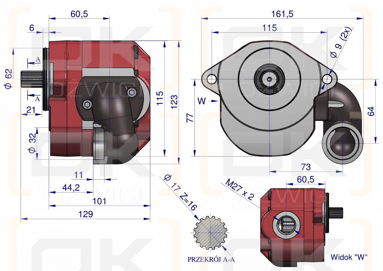 Pompa hydrauliczna wzmocniona C-385 (obroty lewe) 16Mpa w korpusie żeliwnym WARYŃSKI