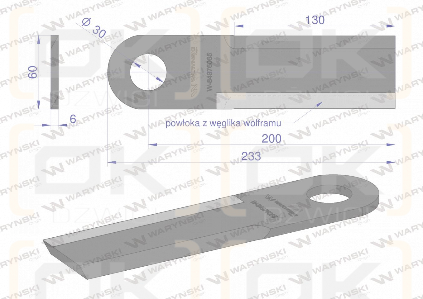 Nóż przystawki do kukurydzy napawany 233x60x6 otwór 30mm zastosowanie New Holland 84496574 47731406 WARYŃSKI