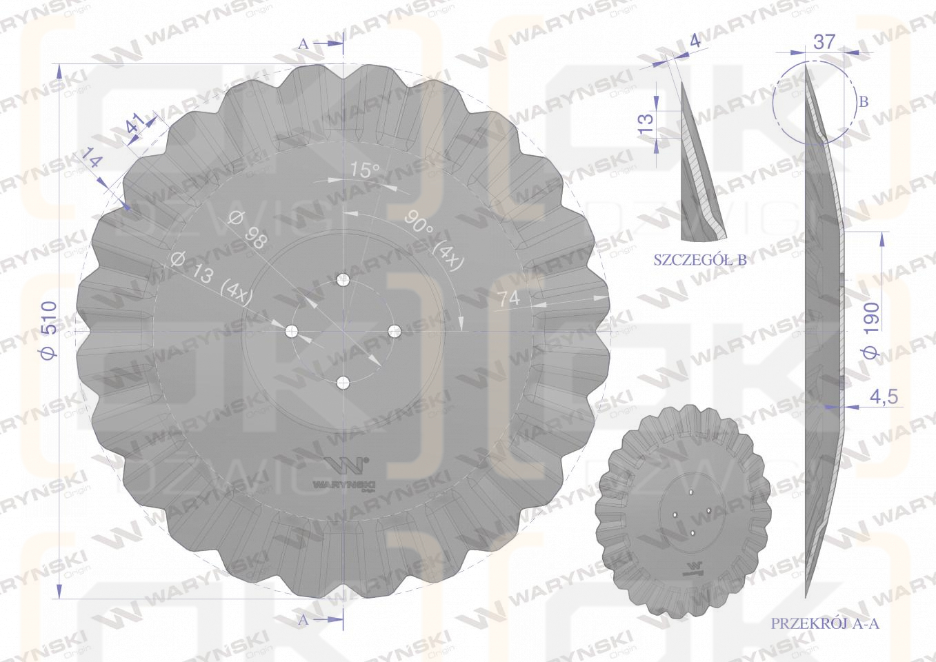 Talerz, tłoczony fi 510 mocowanie 4/98 grubość 4,5 mm stal borowa, Waryński