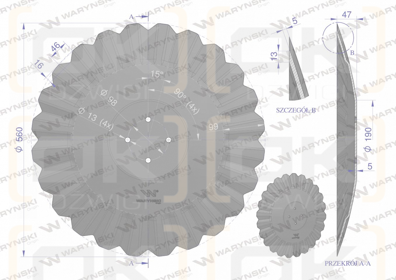 Talerz, tłoczony fi 560 mocowanie 4/98 grubość 5 mm stal borowa, Waryński