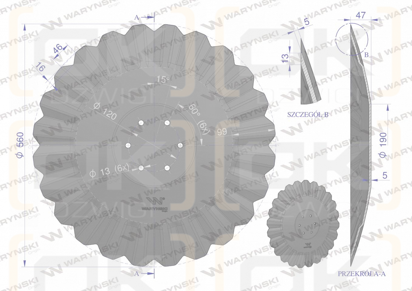 Talerz, tłoczony fi 560 mocowanie 6/120 grubość 5 mm stal borowa, Waryński
