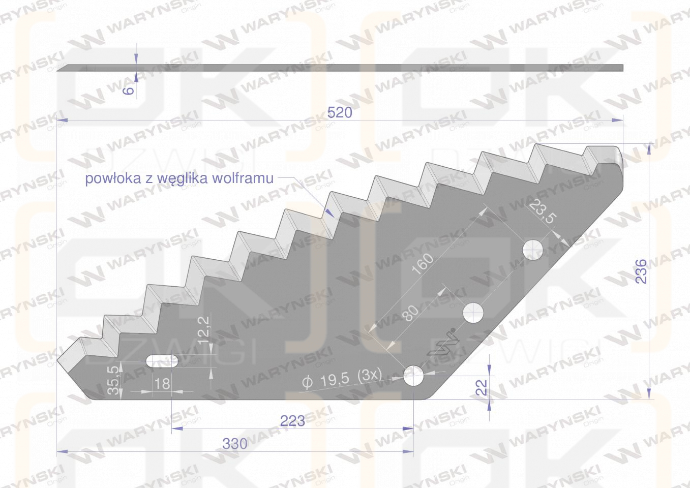 Nóż paszowozu uniwersalny otwór 19.5 mm z węglikiem wolframu Waryński