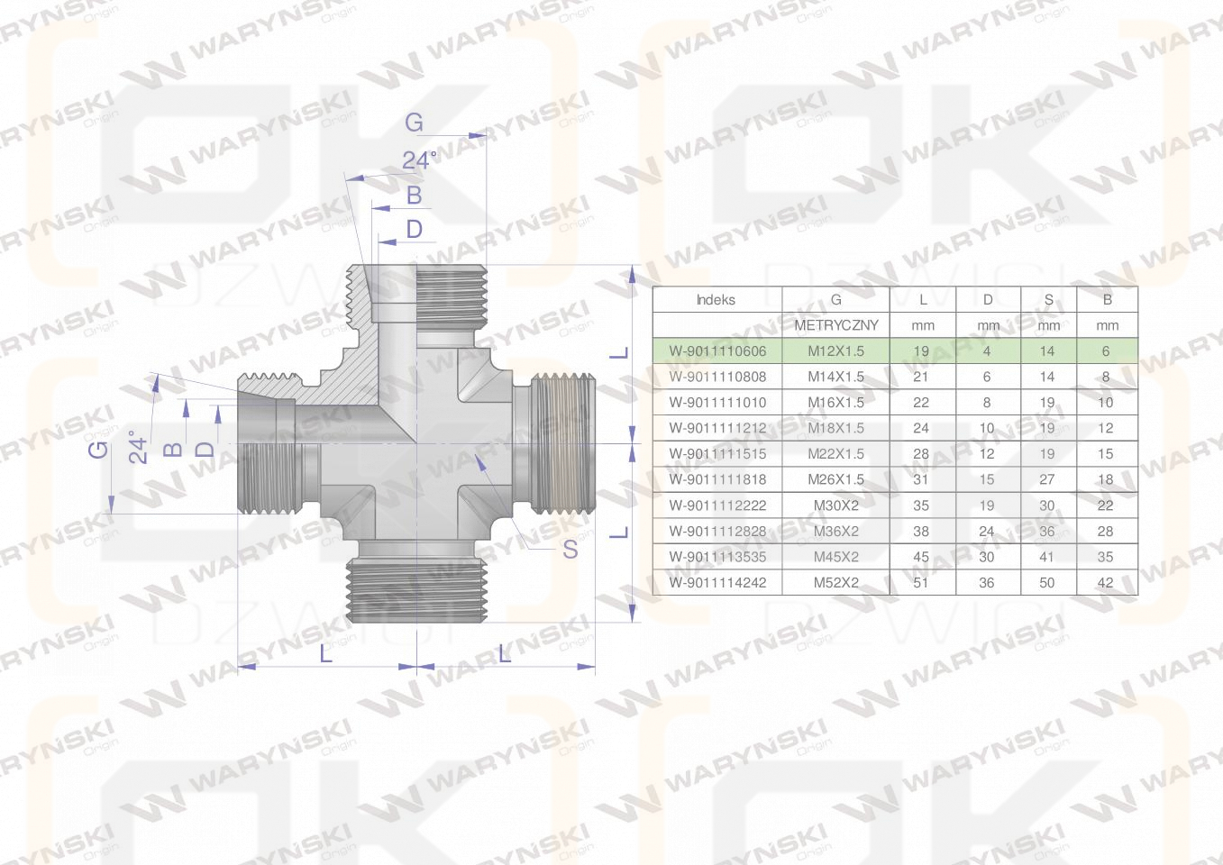 Czwórnik hydrauliczny metryczny BBBB M12x1.5 06L Waryński