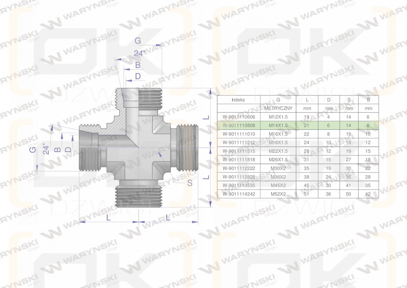 Czwórnik hydrauliczny metryczny BBBB M14x1.5 08L Waryński