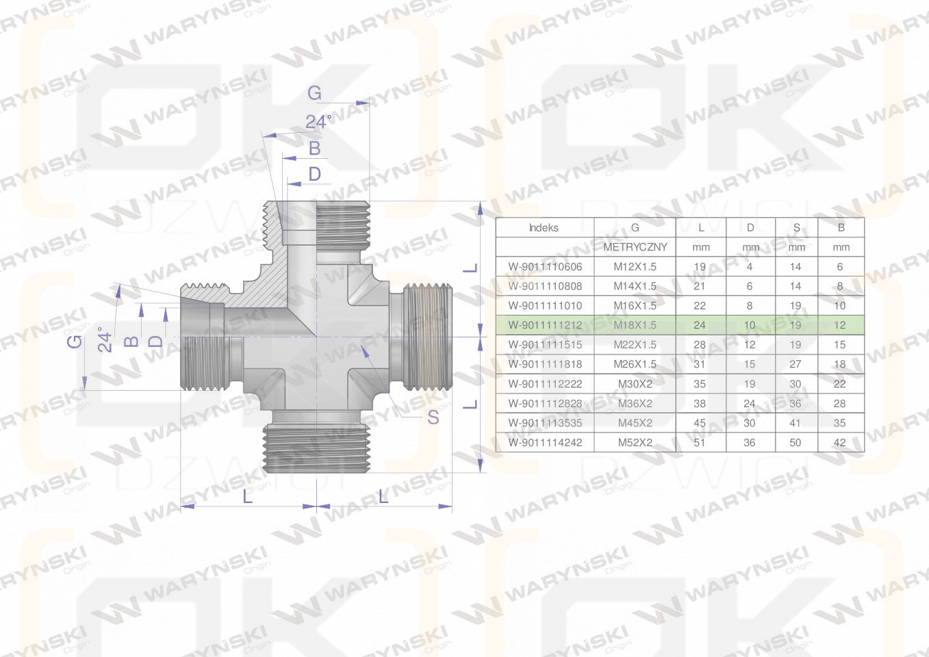 Czwórnik hydrauliczny metryczny BBBB M18x1.5 12L Waryński