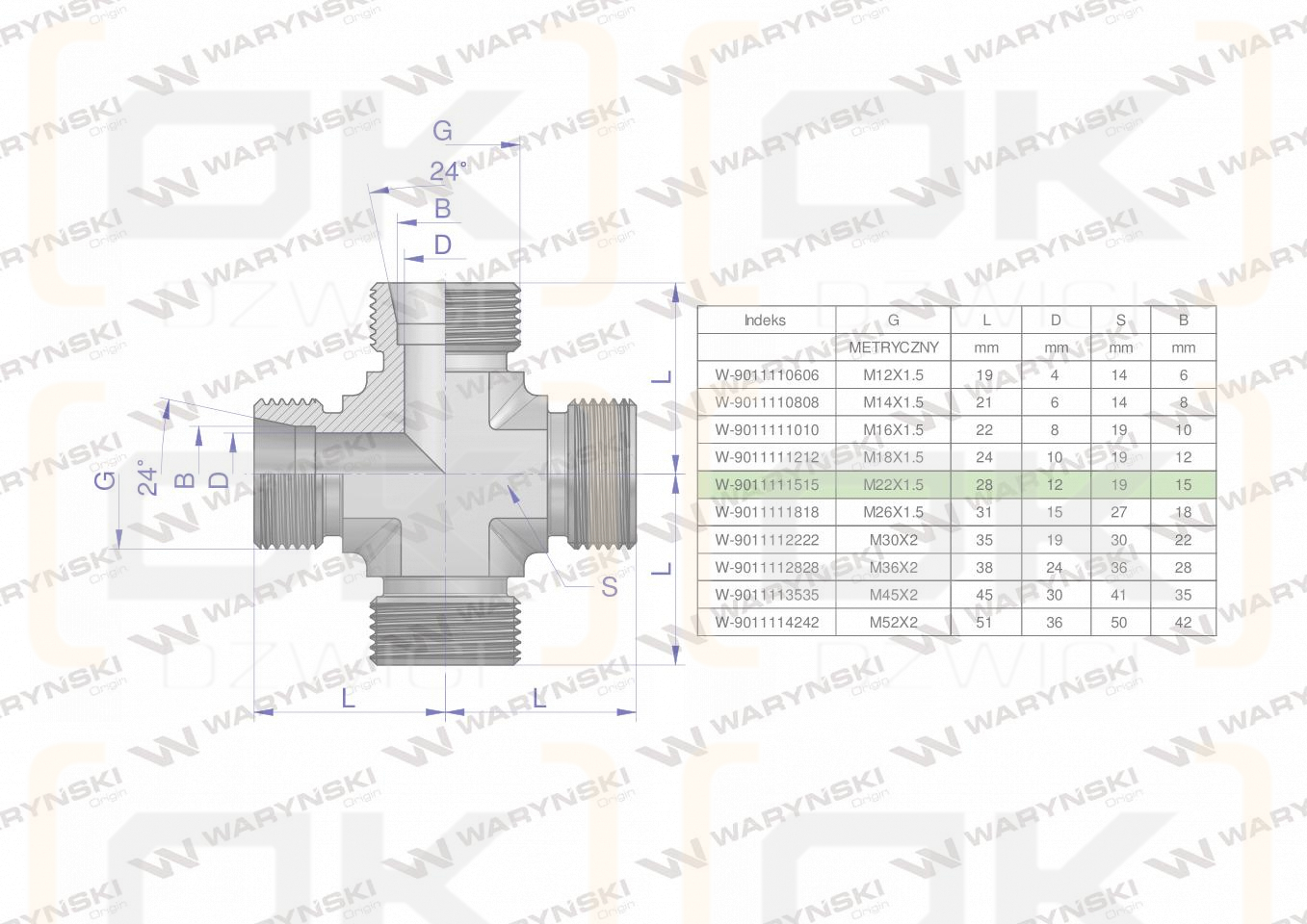 Czwórnik hydrauliczny metryczny BBBB M22x1.5 15L Waryński