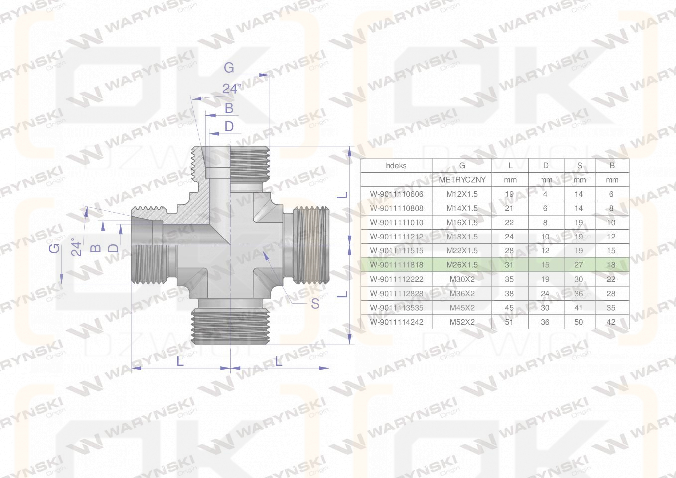 Czwórnik hydrauliczny metryczny BBBB M26x1.5 18L Waryński