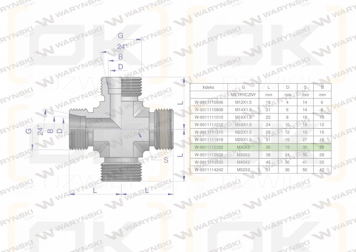 Czwórnik hydrauliczny metryczny BBBB M30x2 22L Waryński