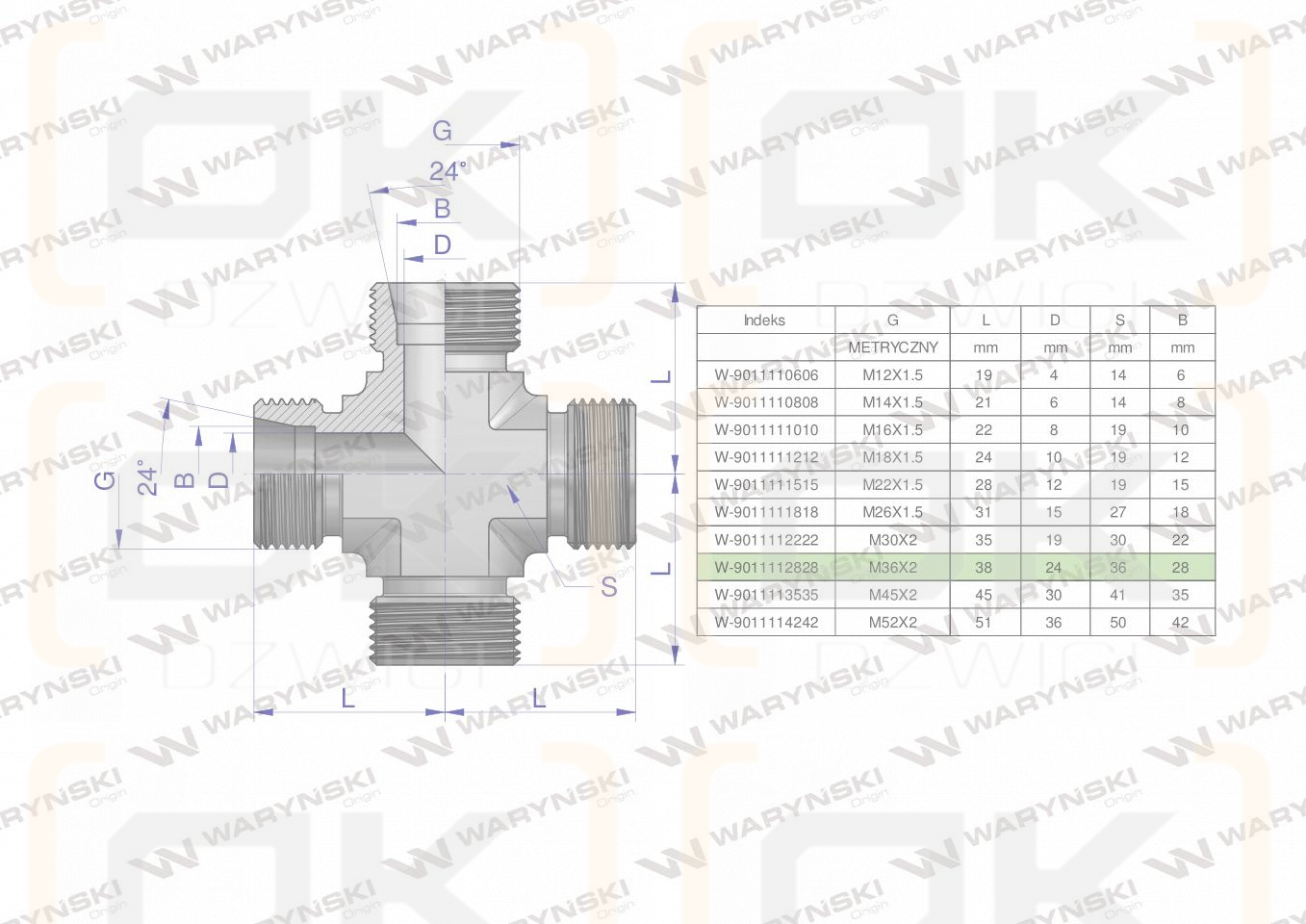 Czwórnik hydrauliczny metryczny BBBB M36x2 28L Waryński