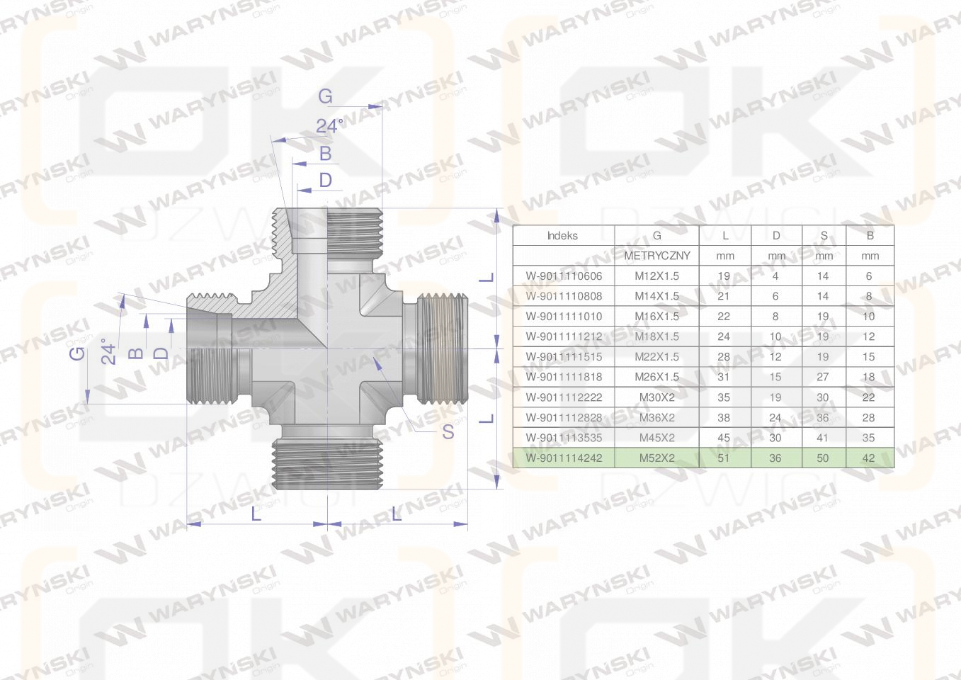 Czwórnik hydrauliczny metryczny BBBB M52x2 42L Waryński