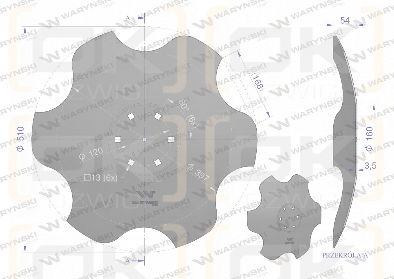 Talerz, skrajny lewy fi 510 mocowanie 6/120 grubość 3,5 mm stal borowa, Waryński