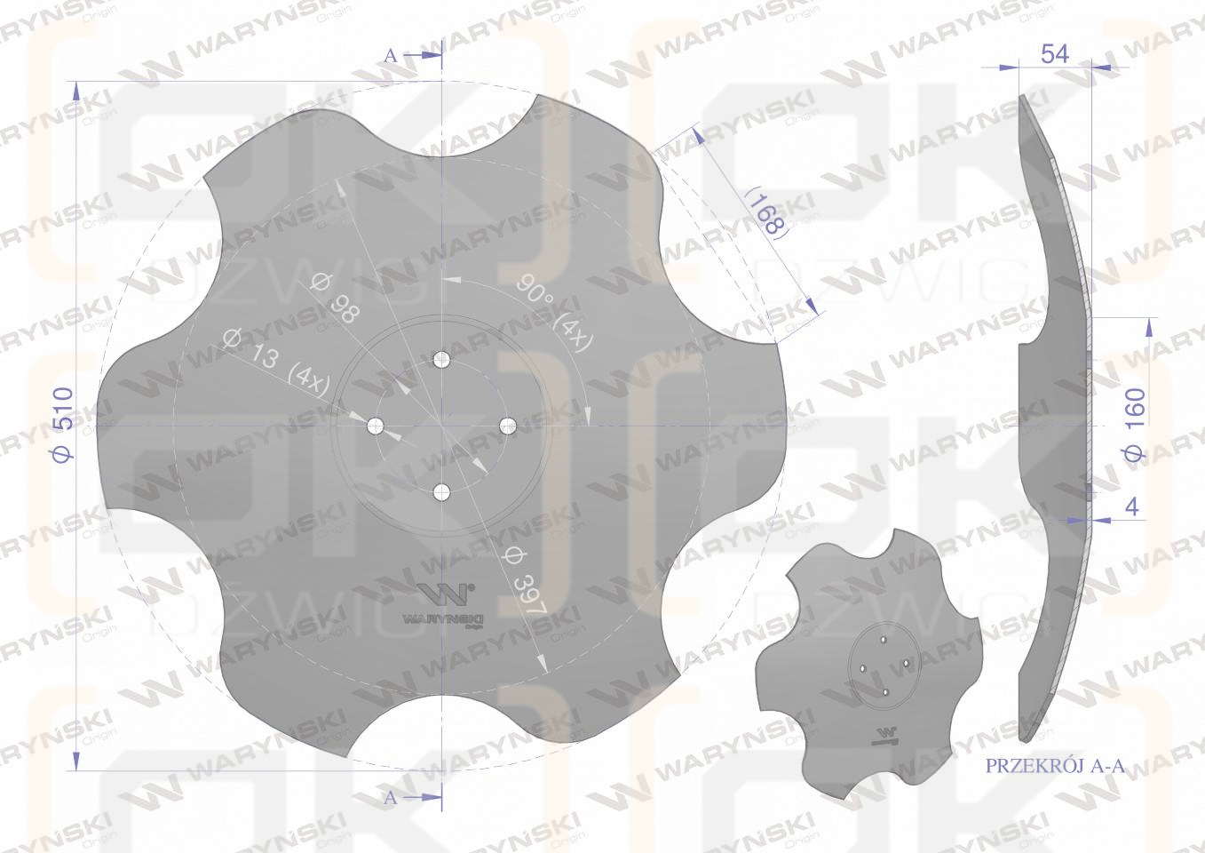 Talerz, skrajny prawy fi 510 mocowanie 4/98 grubość 4 mm stal borowa, Waryński