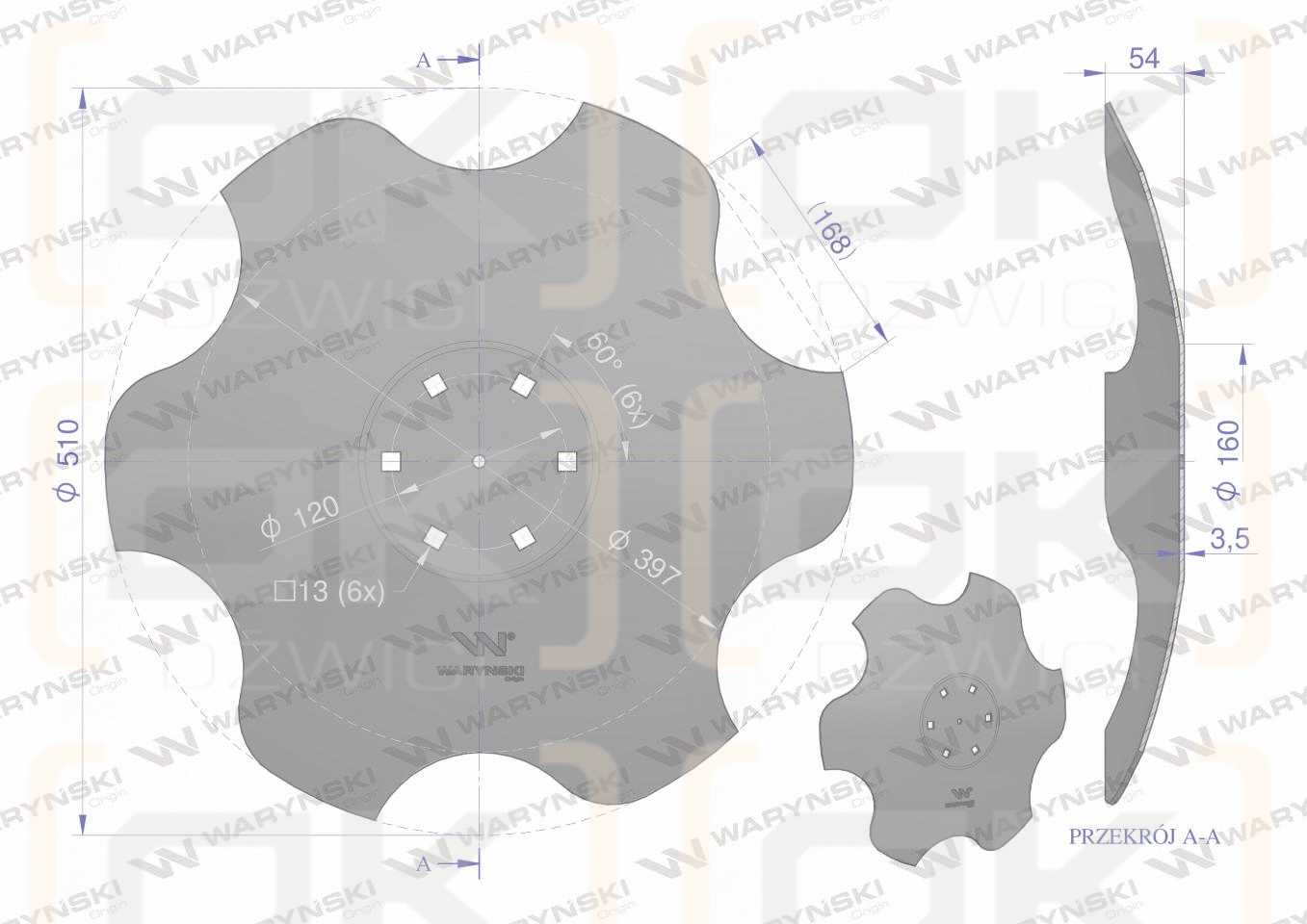 Talerz, skrajny prawy fi 510 mocowanie 6/120 grubość 3,5 mm stal borowa, Waryński