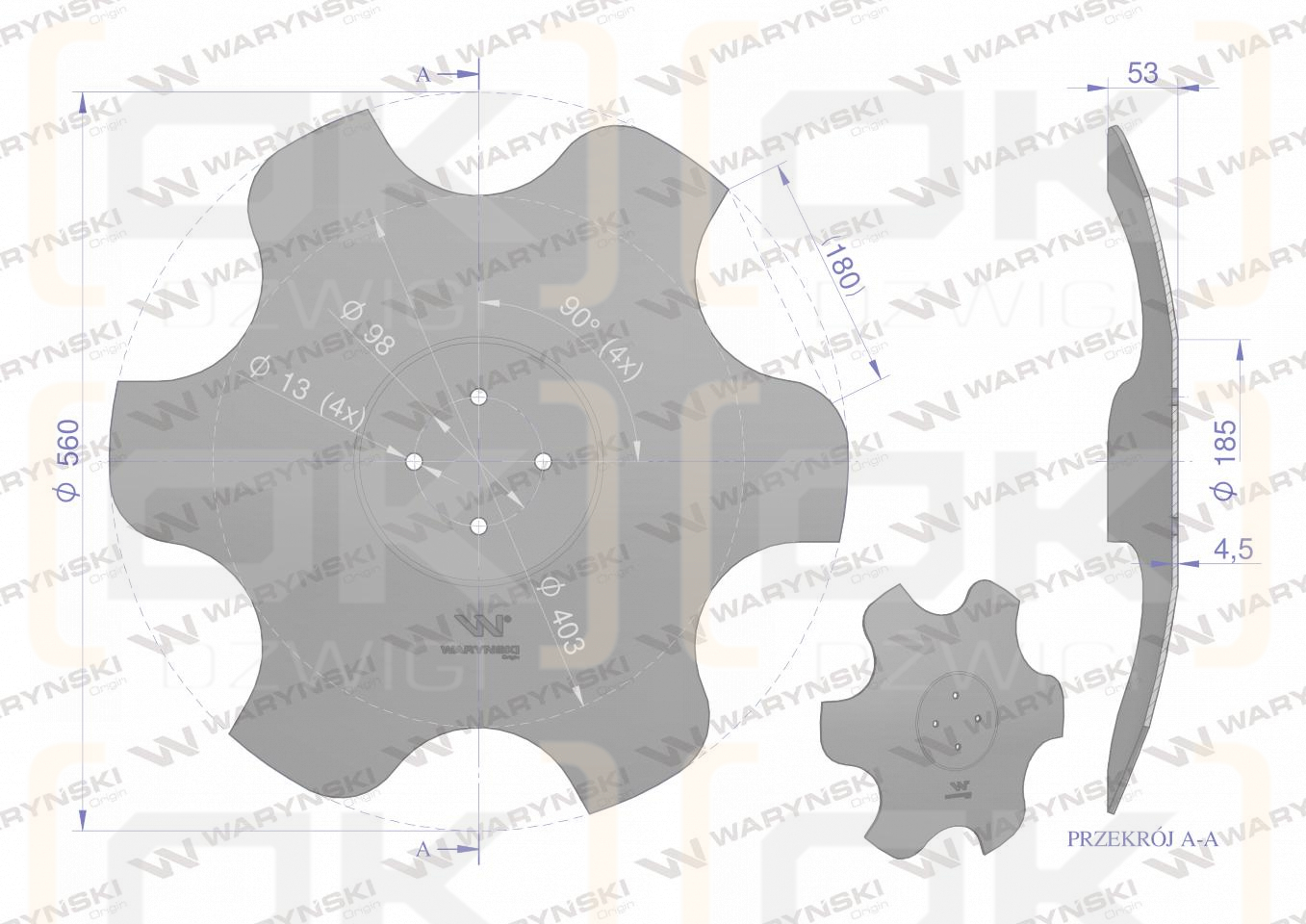 Talerz, skrajny lewy fi 560 mocowanie 4/98 grubość 4,5 mm stal borowa, Waryński