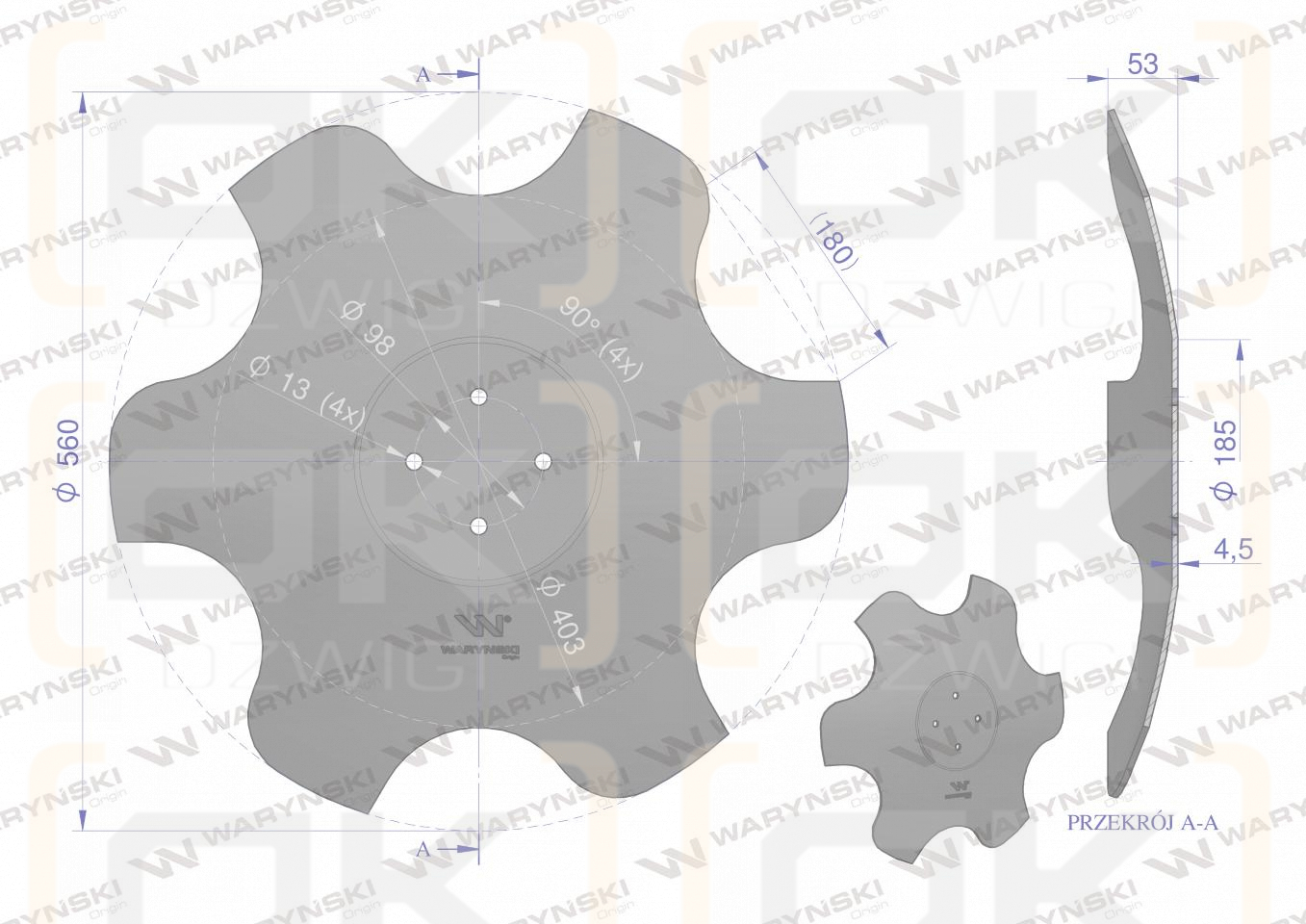 Talerz, skrajny prawy fi 560 mocowanie 4/98 grubość 4,5 mm stal borowa, Waryński