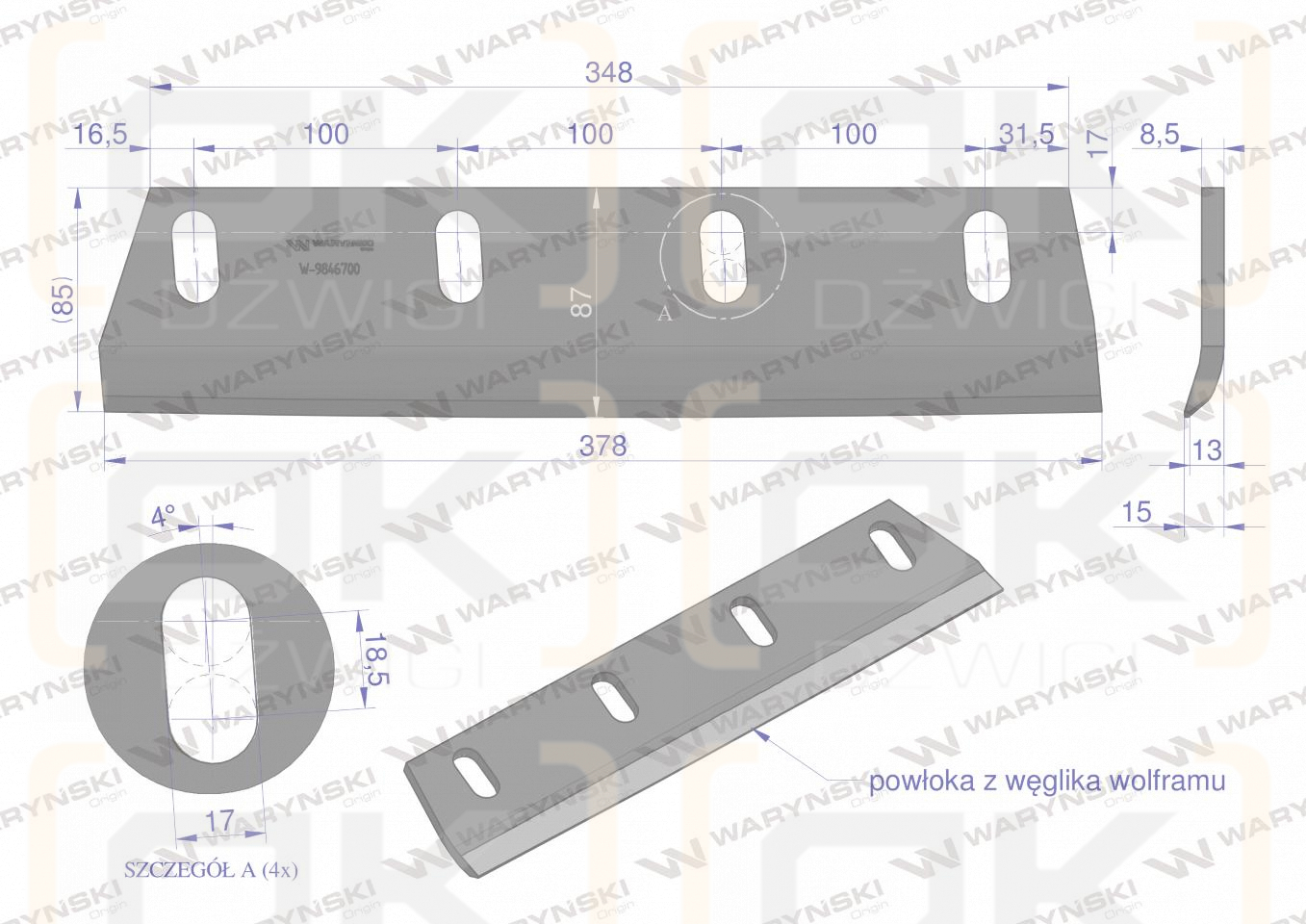 Nóż sieczkarni napawany lewy do trawy 380x90x8.5L otwory 4x35mm zastosowanie Claas Jaguar 9846700 WARYŃSKI