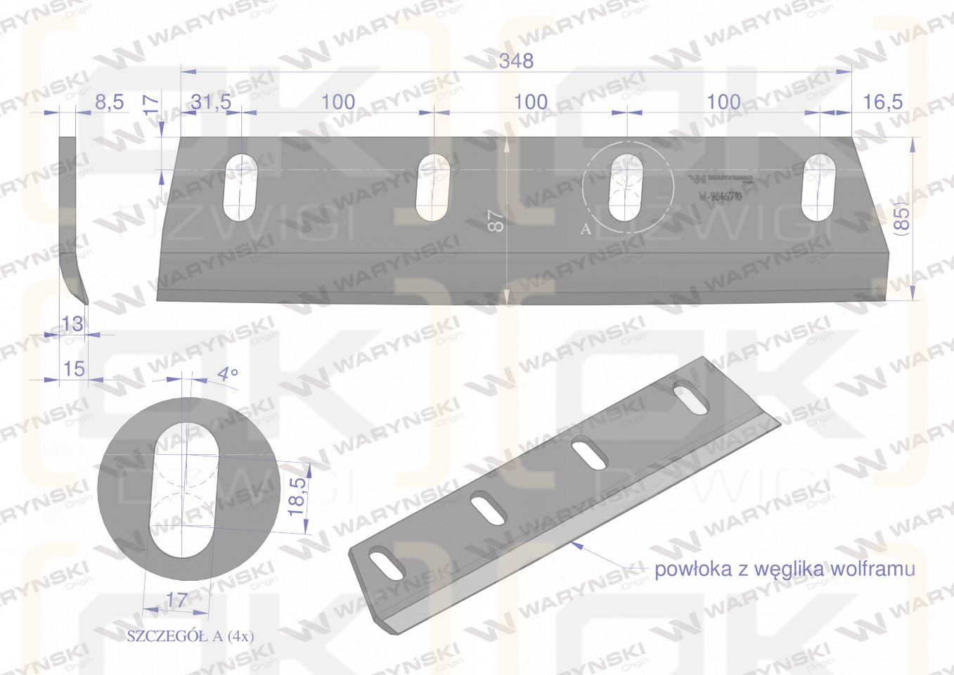 Nóż sieczkarni napawany prawy do trawy 380x90x8.5R otwory 4x35mm zastosowanie Claas Jaguar 9846710 WARYŃSKI