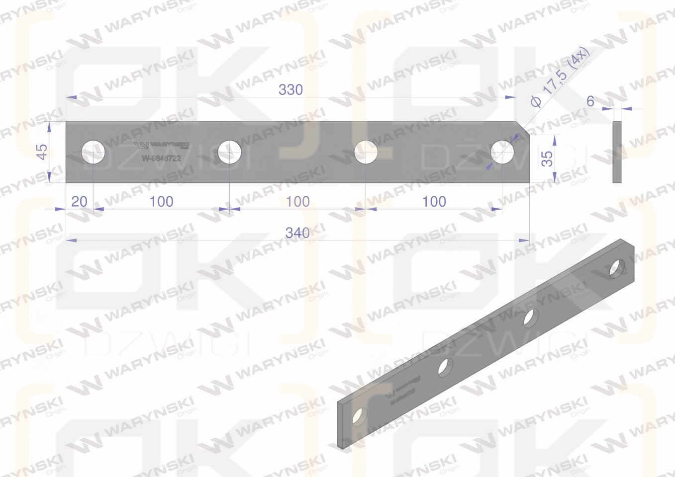 Nakładka noża 340x45x6 otwór 4 zastosowanie Claas Jaguar SER 800 WARYŃSKI