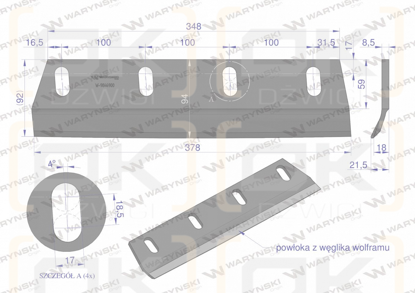 Nóż sieczkarni napawany lewy 380x90x8.5L otwory 4x35mm zastosowanie Claas Jaguar SER 800 WARYŃSKI