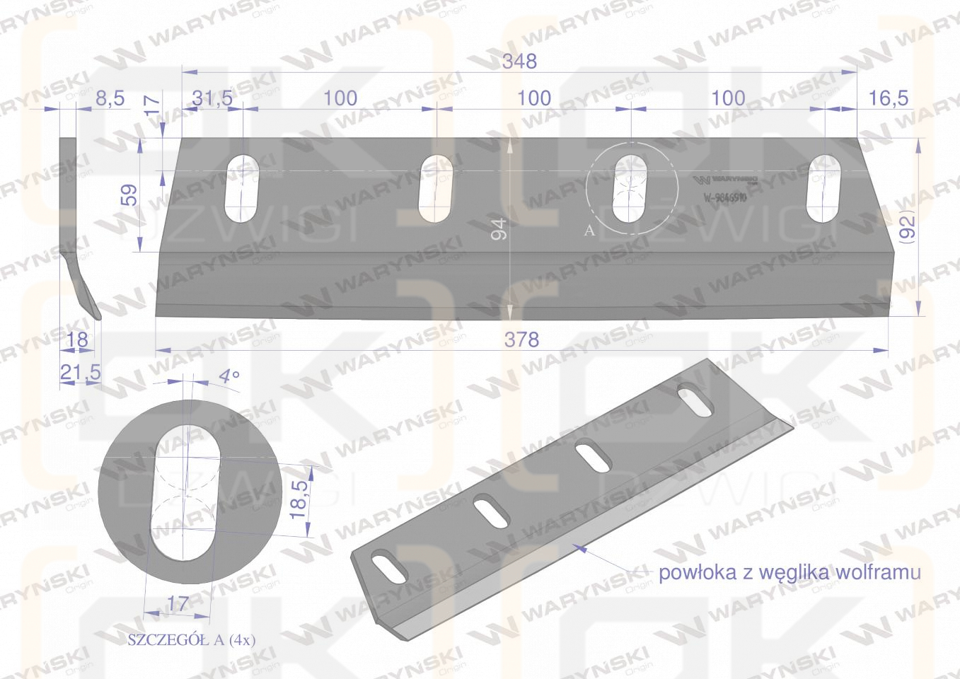Nóż sieczkarni napawany prawy 380x90x8.5R otwory 4x35mm zastosowanie Claas Jaguar SER 800 WARYŃSKI