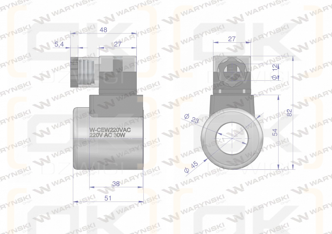 Cewka dzielnika elektrozaworu W-E38DVS6/2. W-E12DVS6/2  220V AC 30W Waryński