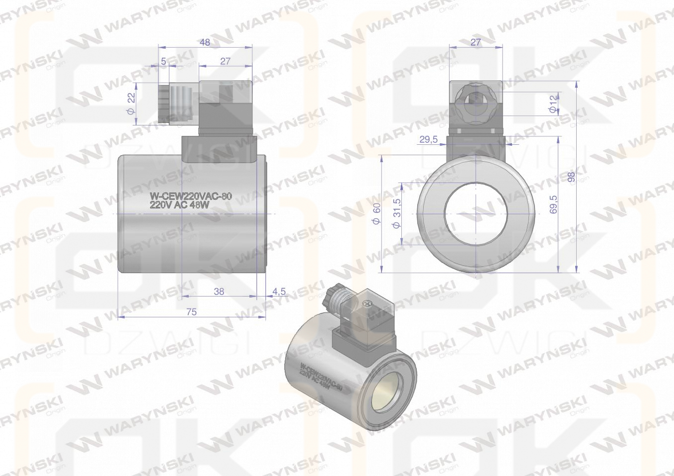 Cewka dzielnika elektrozaworu W-E12DVS6/2-80L. W-E12DVS3/2-80L  220V AC 48W Waryński