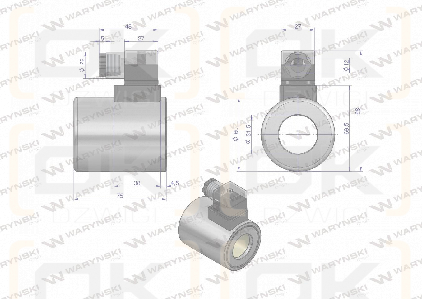 Cewka dzielnika elektrozaworu W-E12DVS6/2-80L. W-E12DVS3/2-80L  24V DC 48W Waryński