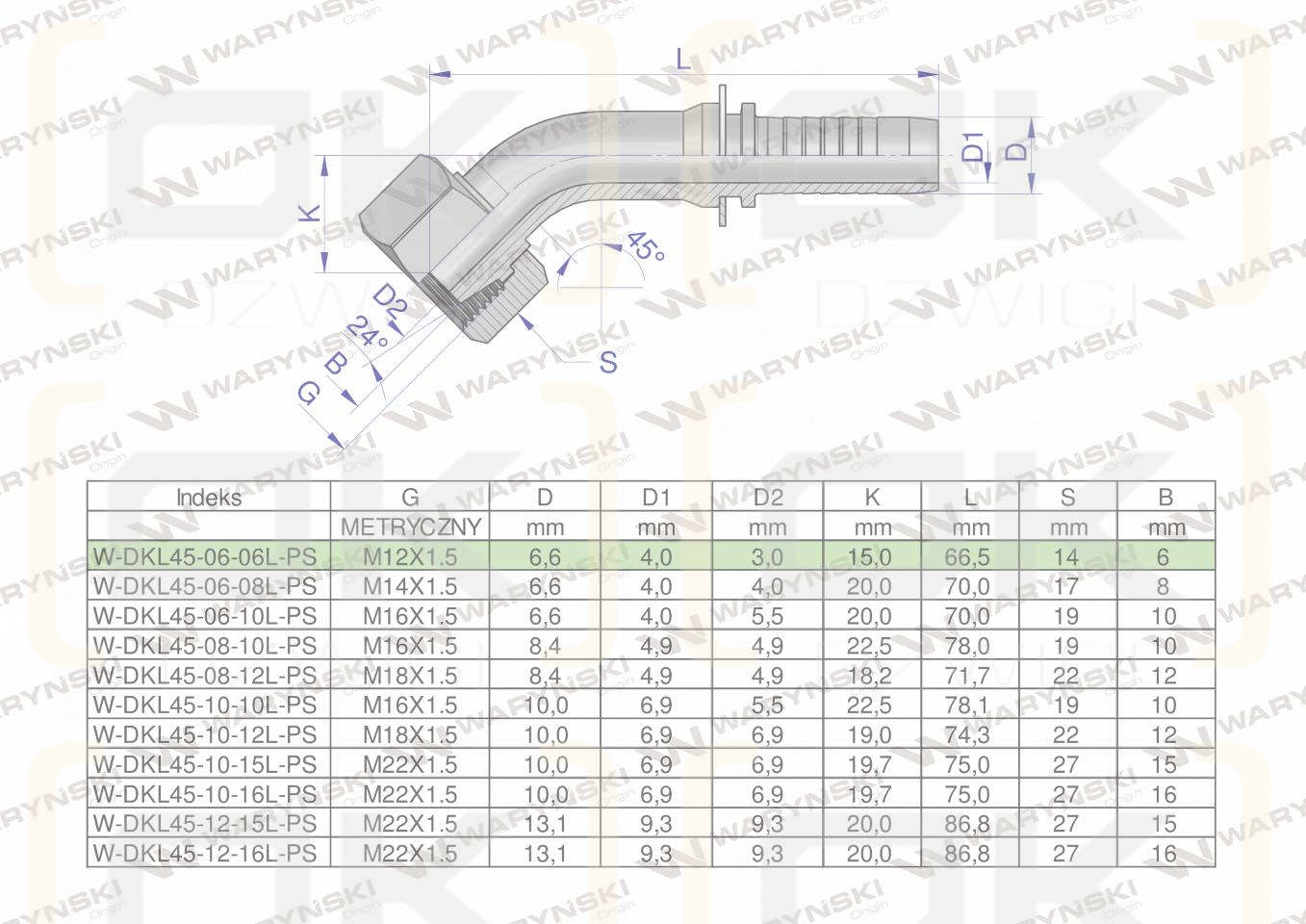 Zakucie hydrauliczne DKL45 DN06 06L M12x1.5 PREMIUM Waryński ( sprzedawane po 5 )