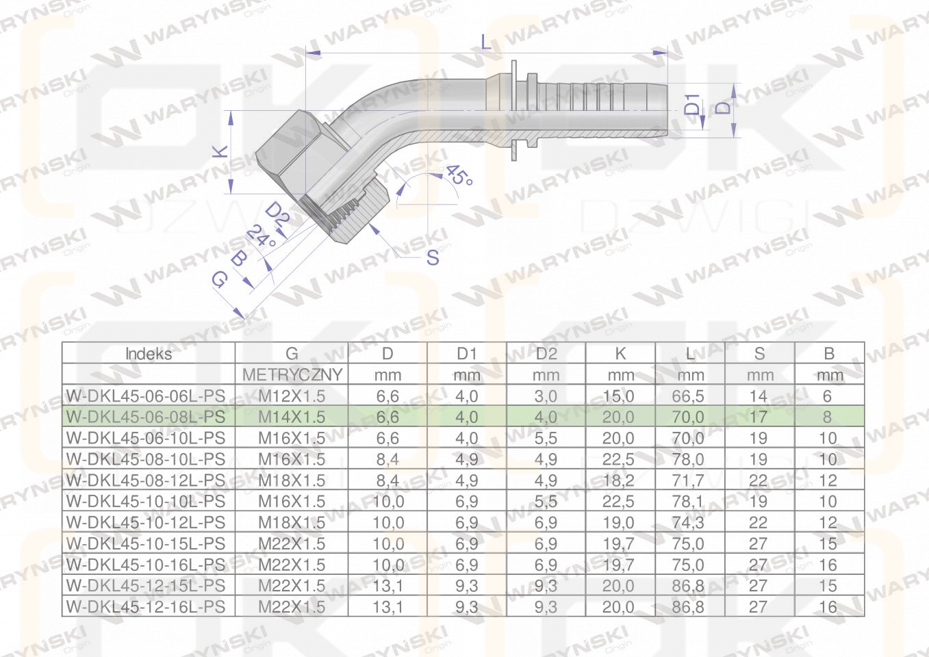 Zakucie hydrauliczne DKL45 DN06 08L M14x1.5 PREMIUM Waryński ( sprzedawane po 10 )