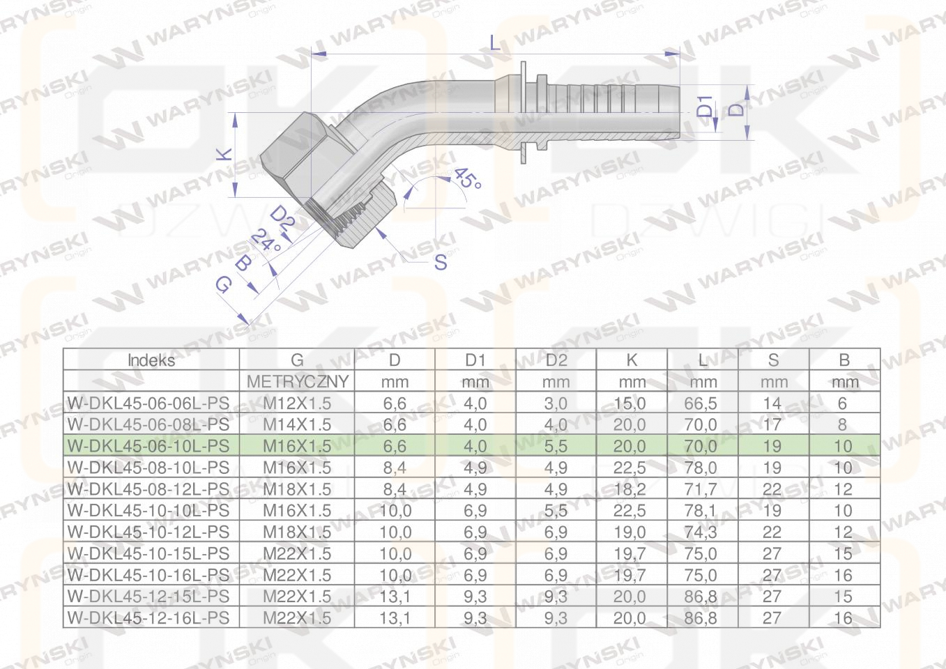 Zakucie hydrauliczne DKL45 DN06 10L M16x1.5 PREMIUM Waryński ( sprzedawane po 5 )