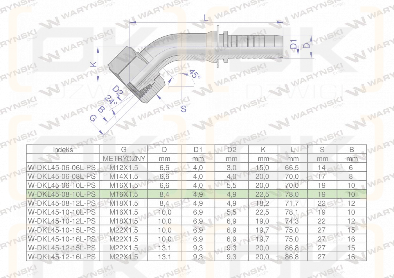 Zakucie hydrauliczne DKL45 DN08 10L M16x1.5 PREMIUM Waryński ( sprzedawane po 10 )