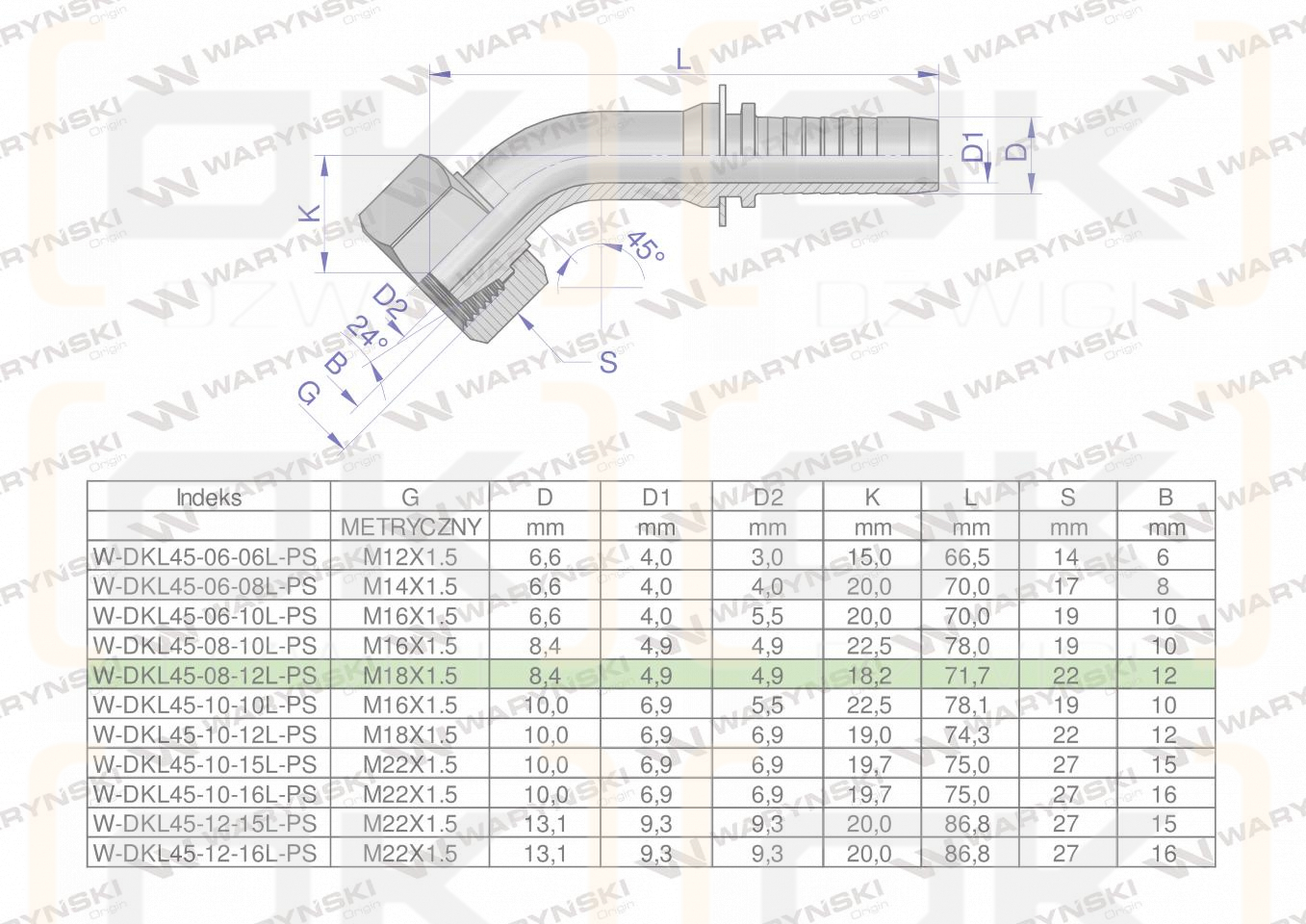 Zakucie hydrauliczne DKL45 DN08 12L M18x1.5 PREMIUM Waryński ( sprzedawane po 5 )