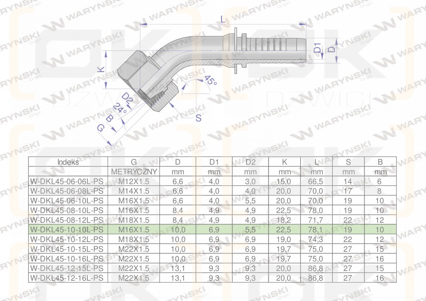 Zakucie hydrauliczne DKL45 DN10 10L M16x1.5 PREMIUM Waryński ( sprzedawane po 5 )