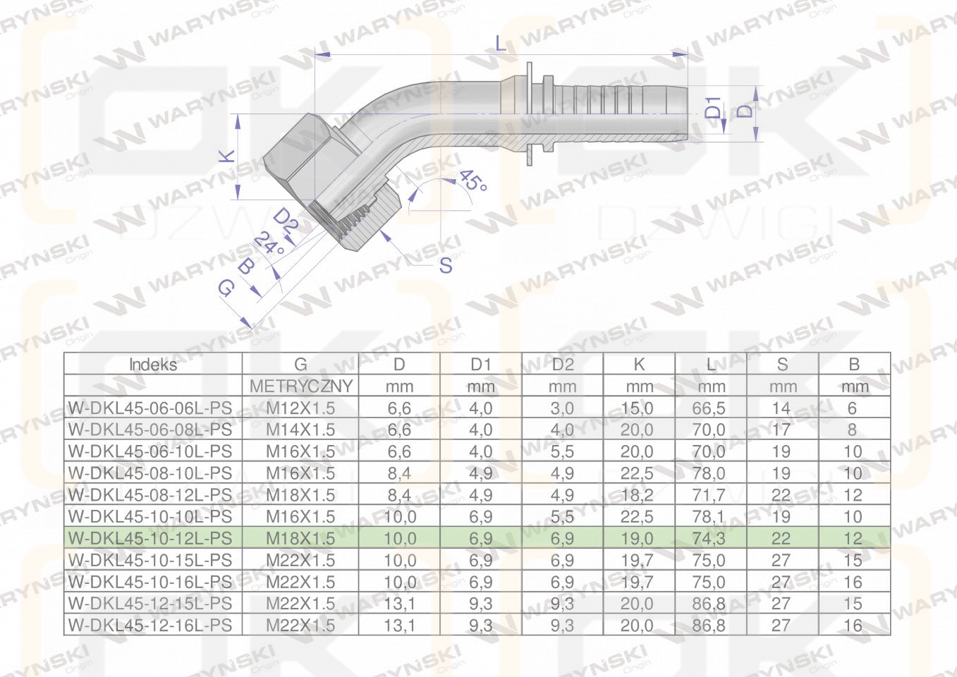 Zakucie hydrauliczne DKL45 DN10 12L M18x1.5 PREMIUM Waryński ( sprzedawane po 10 )
