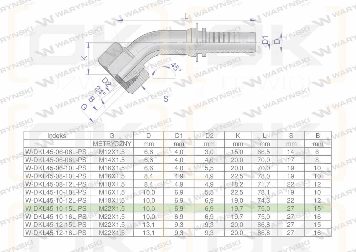 Zakucie hydrauliczne DKL45 DN10 15L M22x1.5 PREMIUM Waryński ( sprzedawane po 5 )