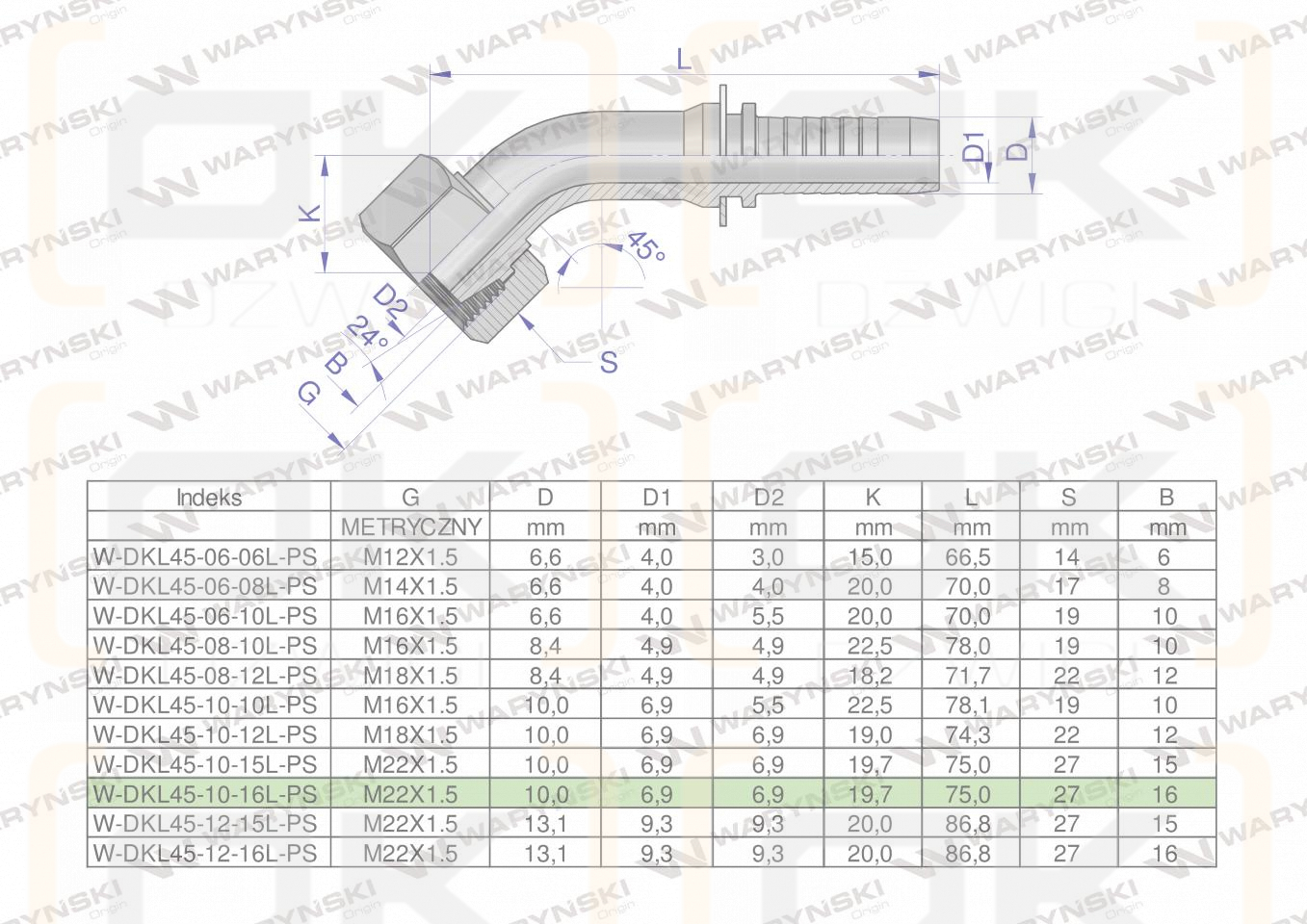 Zakucie hydrauliczne DKL45 DN10 16L M22x1.5 PREMIUM Waryński ( sprzedawane po 5 )