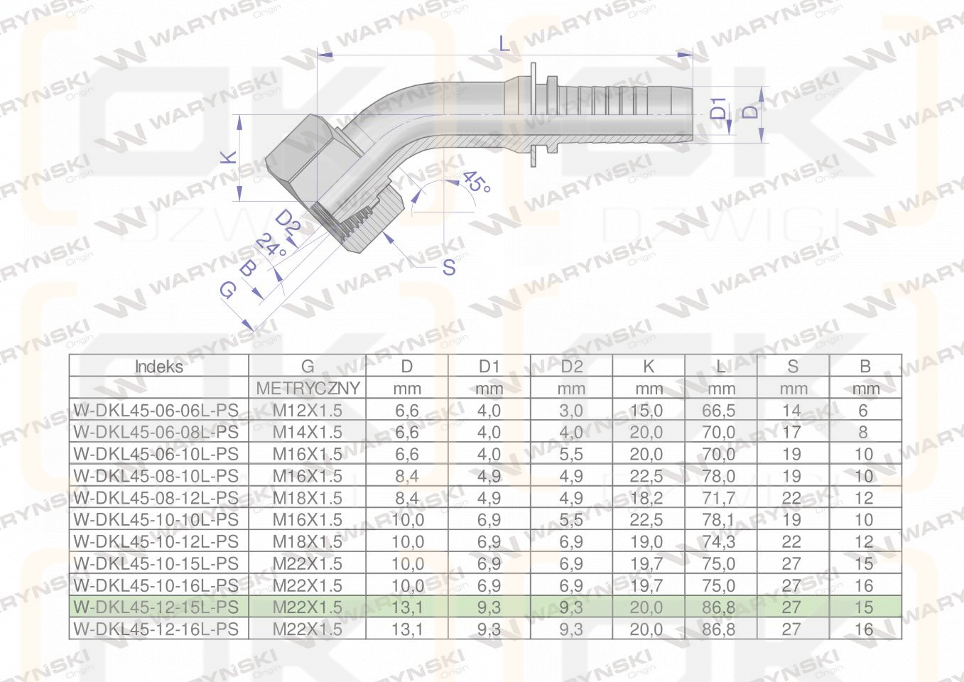 Zakucie hydrauliczne DKL45 DN13 15L M22x1.5 PREMIUM Waryński ( sprzedawane po 10 )