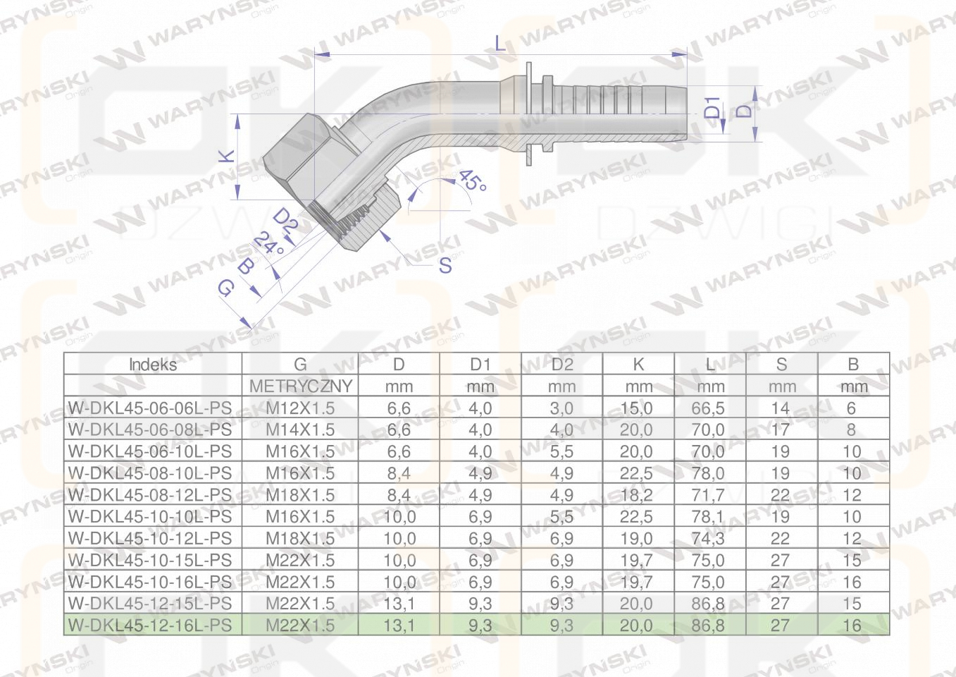 Zakucie hydrauliczne DKL45 DN13 16L M22x1.5 PREMIUM Waryński ( sprzedawane po 5 )