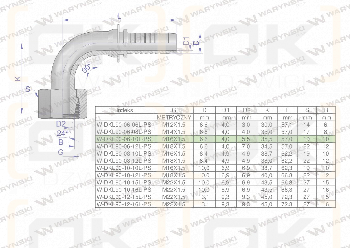 Zakucie hydrauliczne DKL90 DN06 10L M16x1.5 PREMIUM Waryński ( sprzedawane po 10 )
