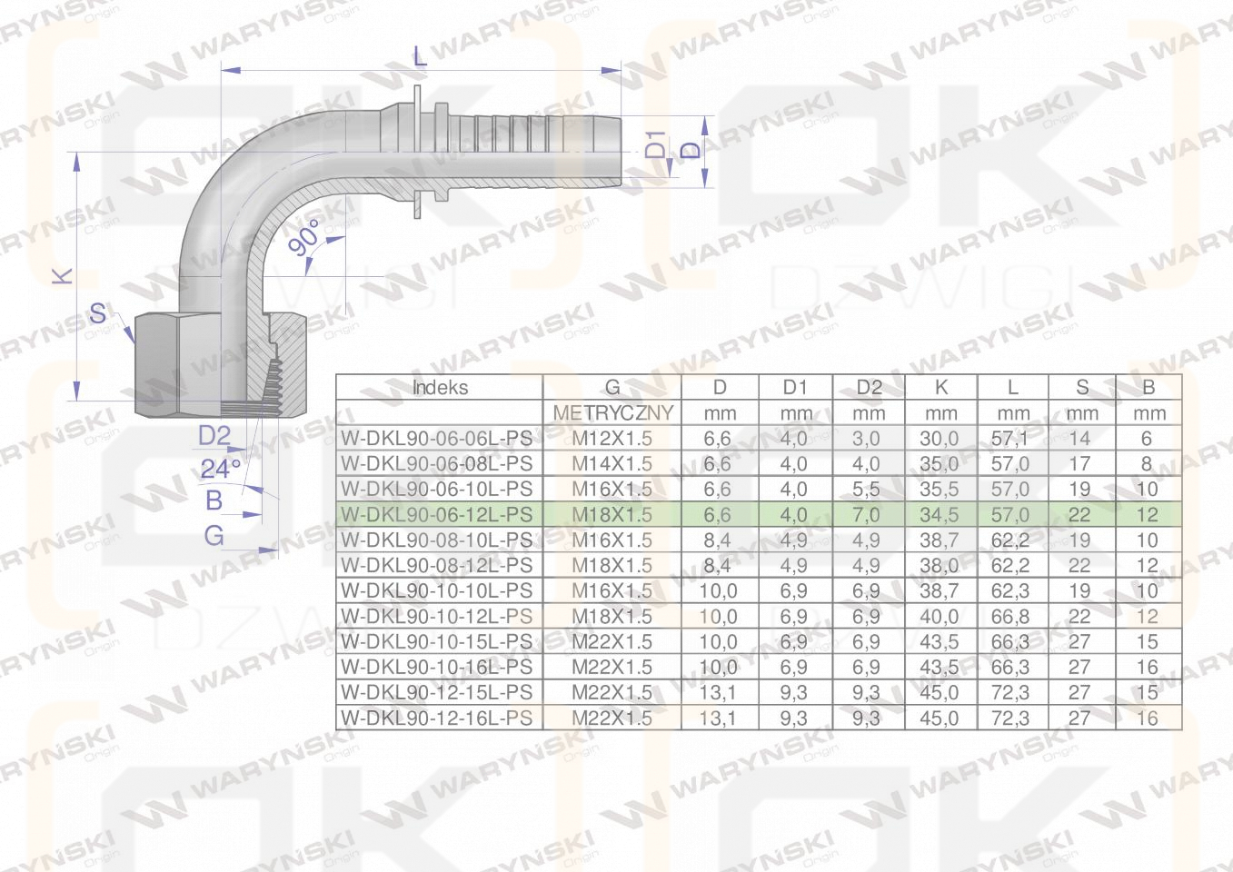 Zakucie hydrauliczne DKL90 DN06 12L M18x1.5 PREMIUM Waryński ( sprzedawane po 10 )