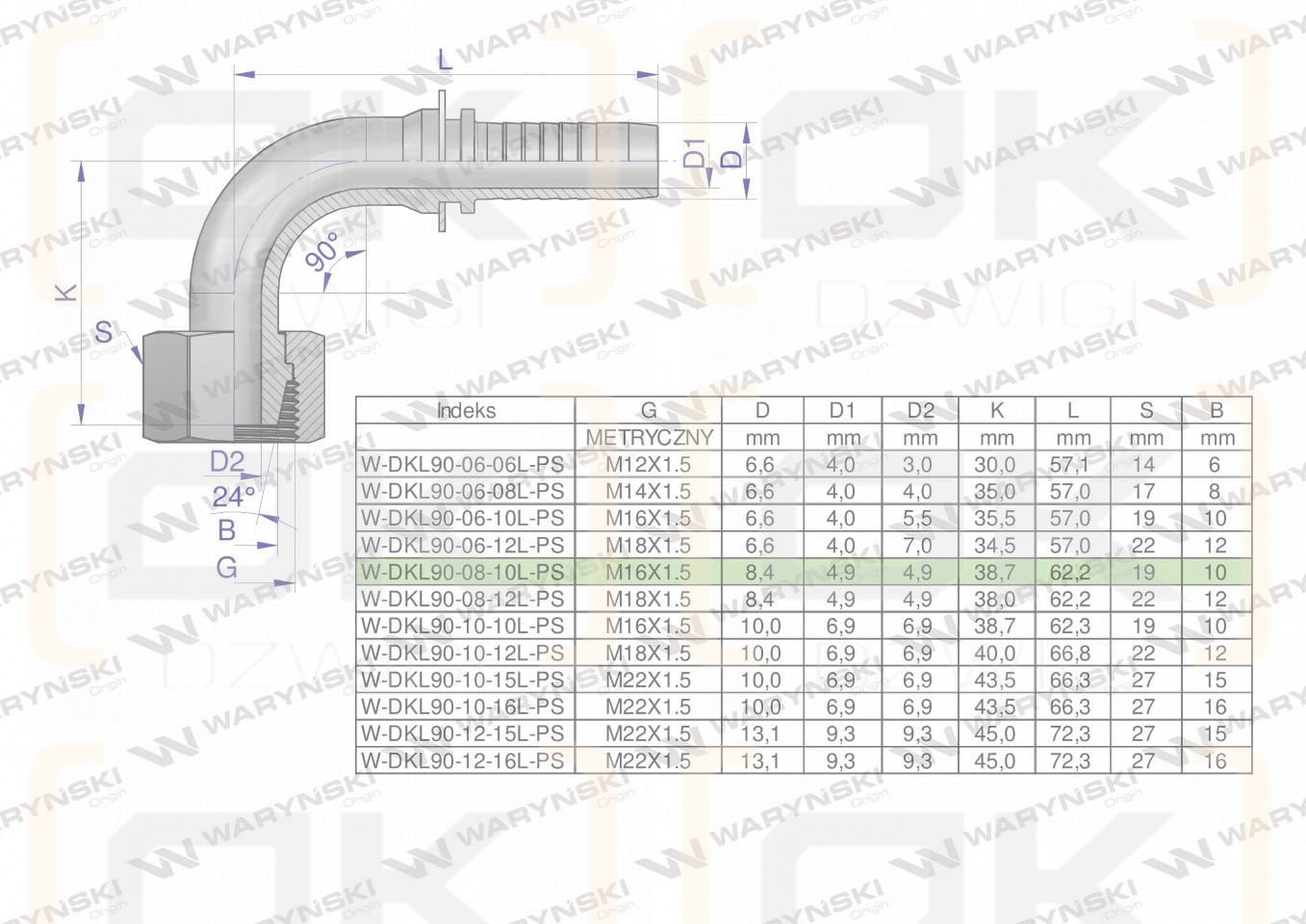 Zakucie hydrauliczne DKL90 DN08 10L M16x1.5 PREMIUM Waryński ( sprzedawane po 10 )