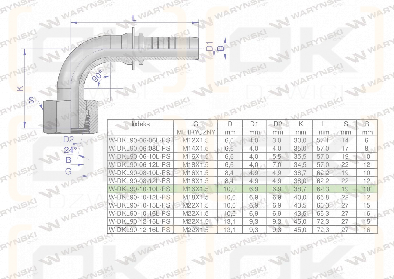 Zakucie hydrauliczne DKL90 DN10 10L M16x1.5 PREMIUM Waryński ( sprzedawane po 10 )