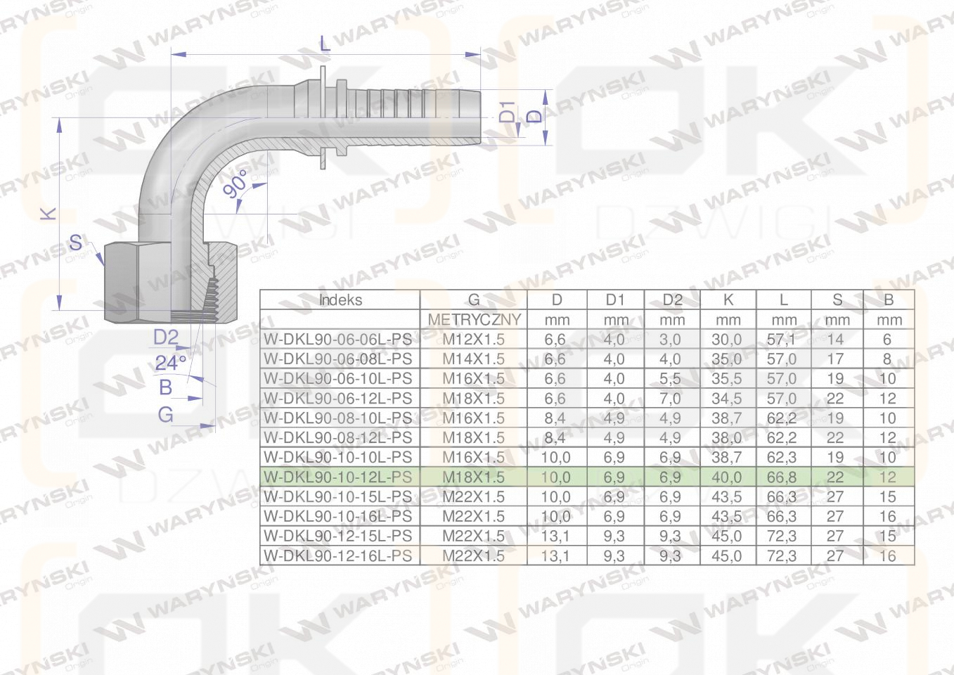Zakucie hydrauliczne DKL90 DN10 12L M18x1.5 PREMIUM Waryński ( sprzedawane po 10 )
