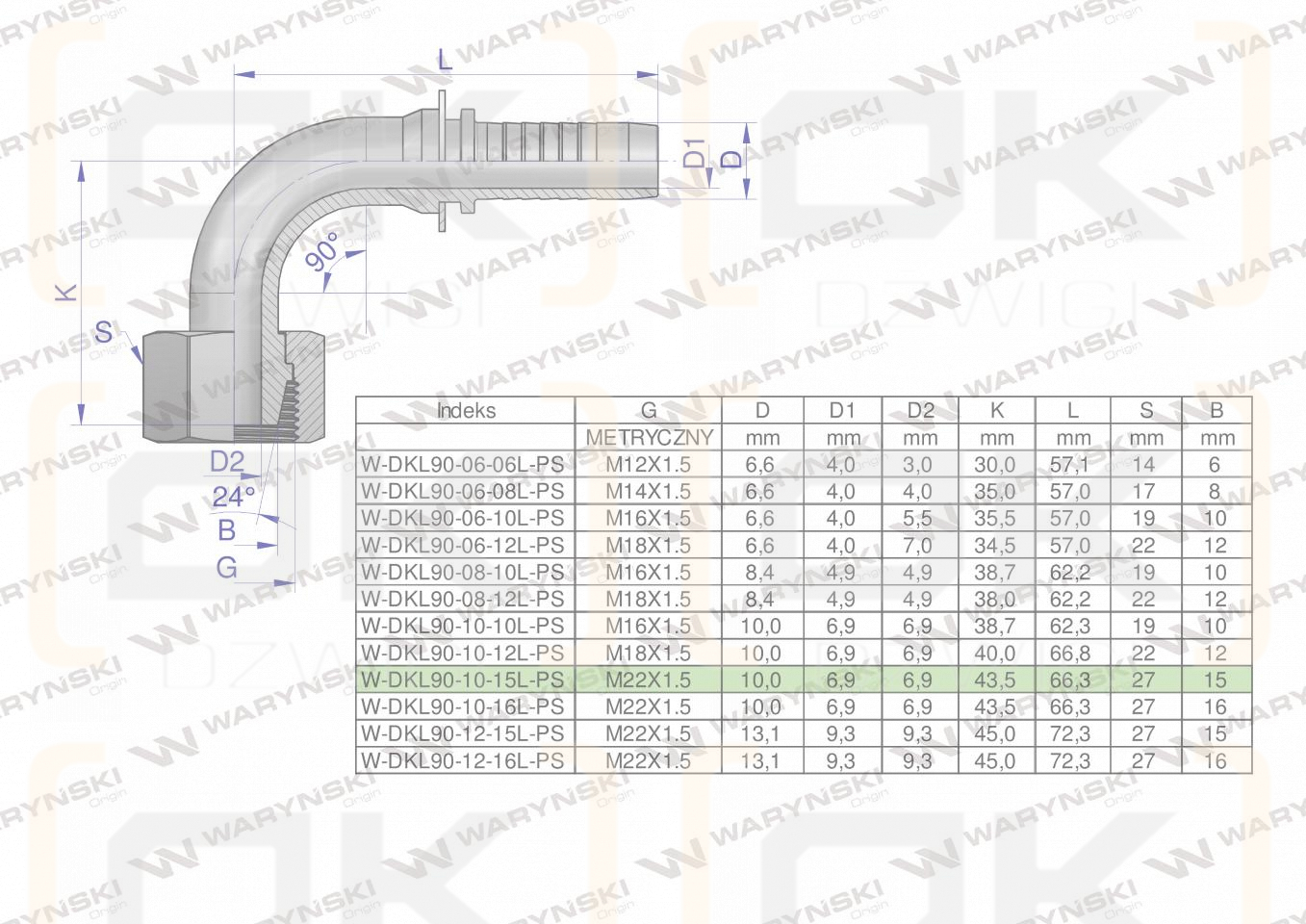 Zakucie hydrauliczne DKL90 DN10 15L M22x1.5 PREMIUM Waryński ( sprzedawane po 10 )