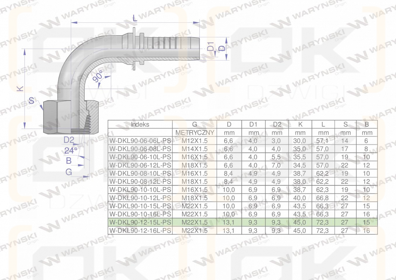Zakucie hydrauliczne DKL90 DN13 15L M22x1.5 PREMIUM Waryński ( sprzedawane po 10 )