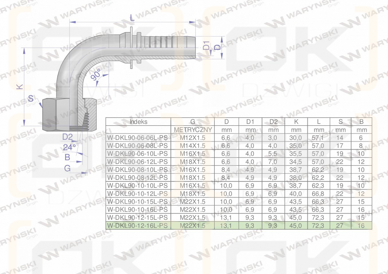 Zakucie hydrauliczne DKL90 DN13 16L M22x1.5 PREMIUM Waryński ( sprzedawane po 10 )