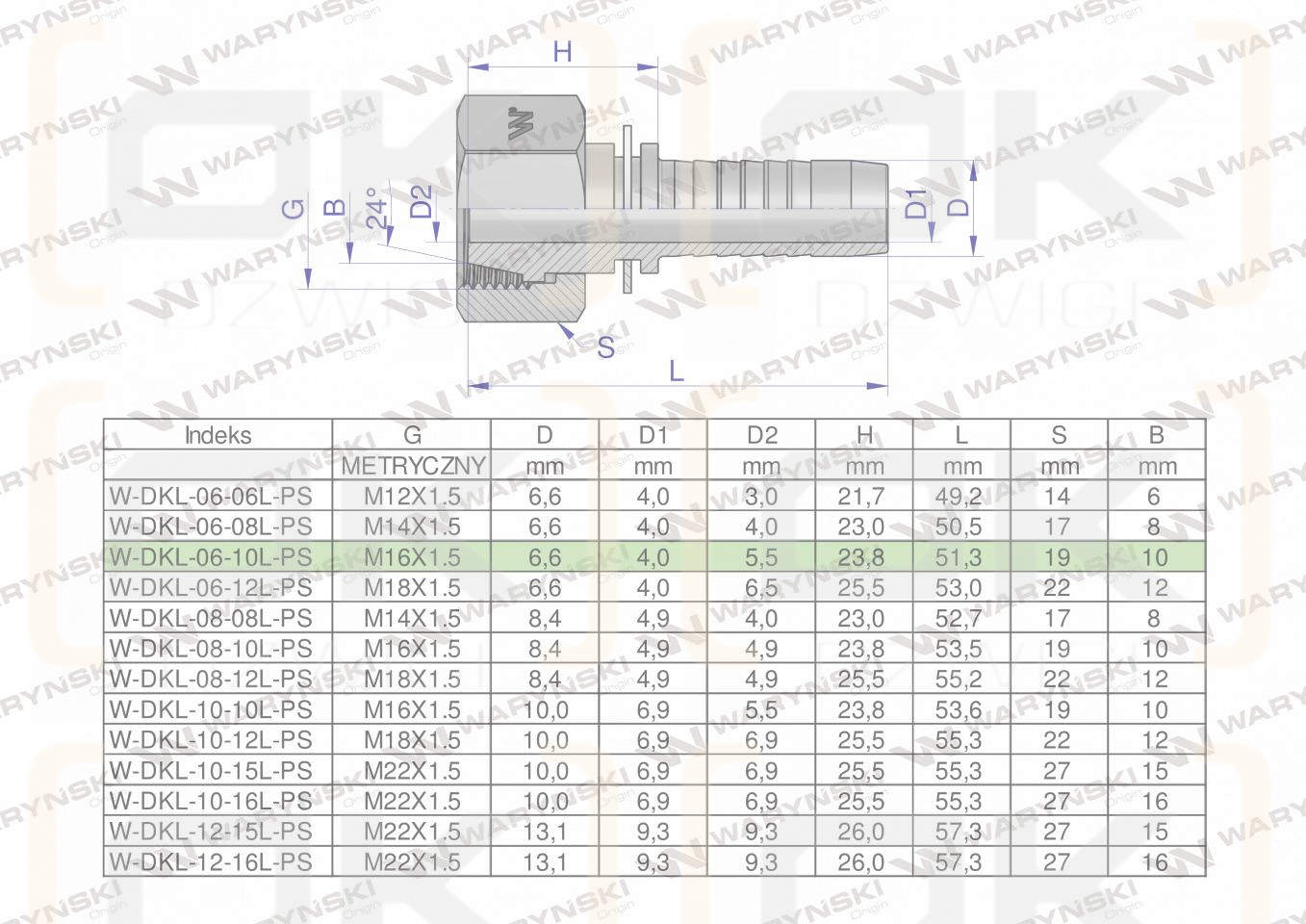 Zakucie hydrauliczne DKL DN06 10L M16x1.5 PREMIUM Waryński ( sprzedawane po 10 )